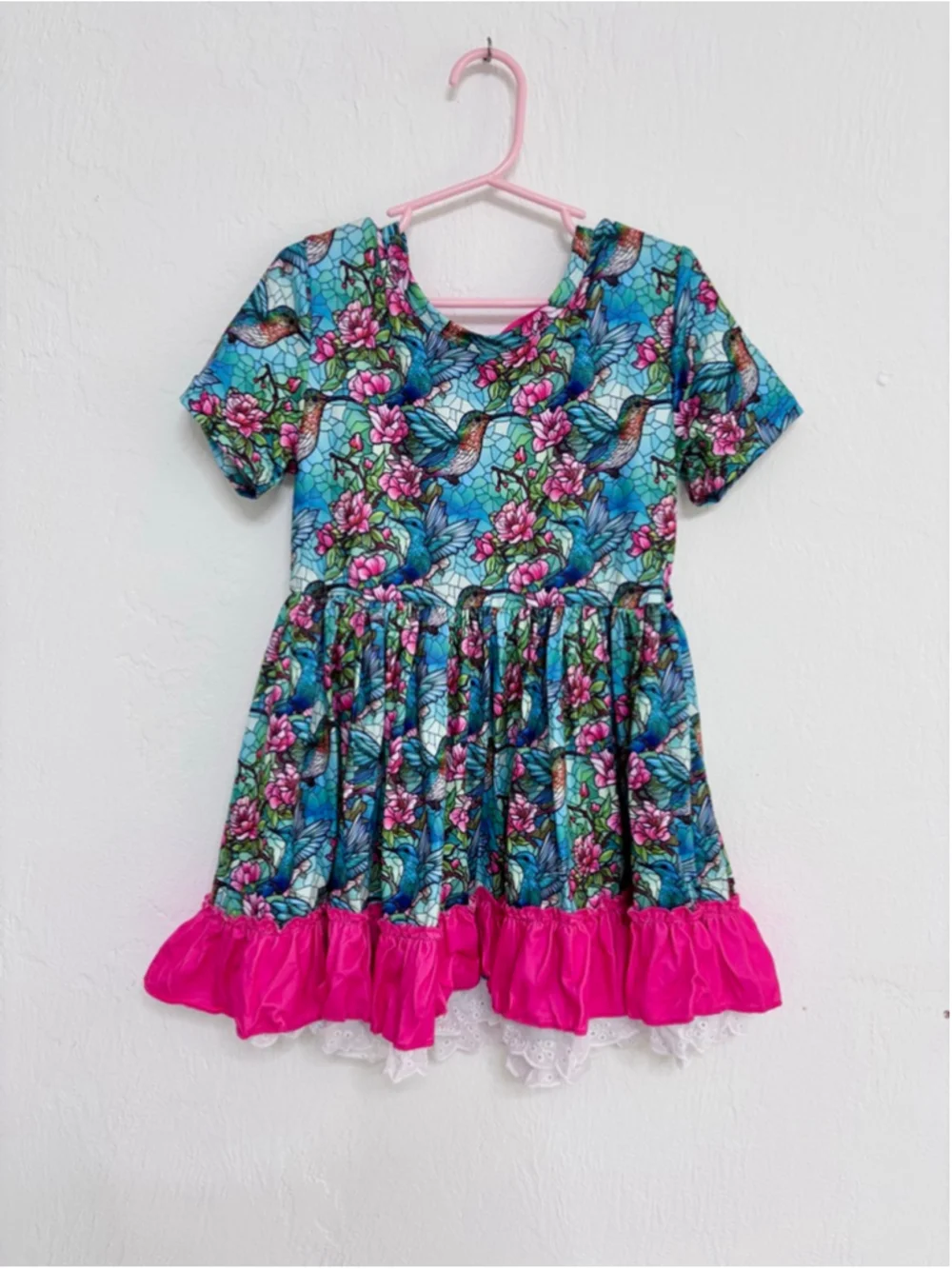 Girls Unbranded Casual Tunic & Leggings Set size 8 Blue Pink Hummingbird